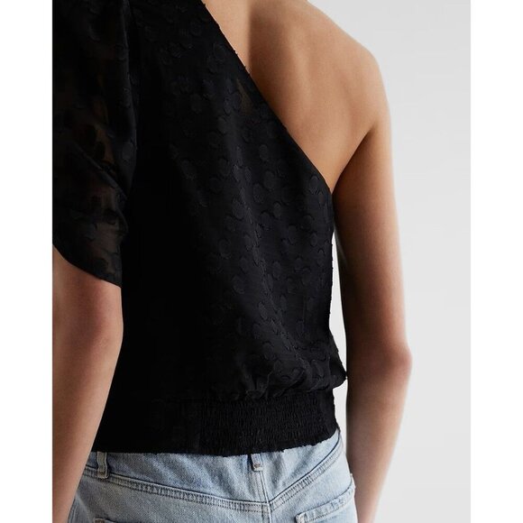 Express Women’s Polka Dot One Shoulder Banded Bottom Top Black Size XS NWT $68 - Picture 4 of 16